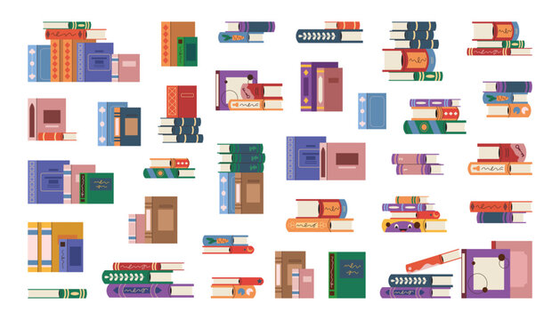 Set of book stack or hardcover literature pile. Vector element for library or bookstore. Fiction and non fiction knowledge material. Content endpaper. Reader information. Learning and reading, study.