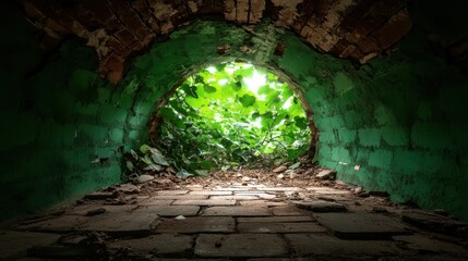 A glimpse of nature breaking through a stone tunnel, showcasing an enchanting blend of brick and lush greenery that invites exploration and evokes a sense of peace and wonder.