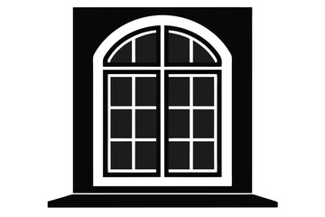 Black window frame with halfcircle top and several panes of glass graphic