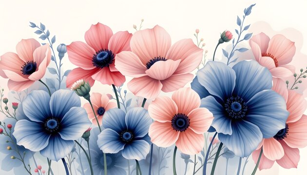 a serene watercolor panorama of anemones, in a flowing watercolor style, with navy and pale blush tones, on textured paper, sweeping strokes, soft gradients, tranquil essence
