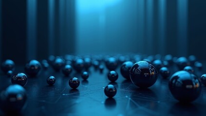 Futuristic dark blue spheres in abstract digital hallway with neon light