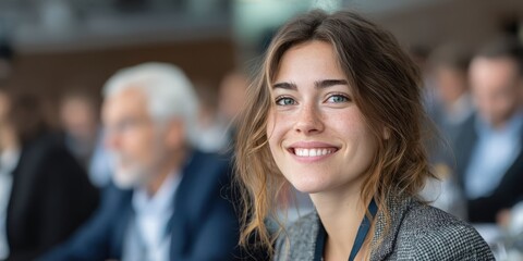 Obraz premium Young Happy Businesswoman Attending Seminar in Conference Hall