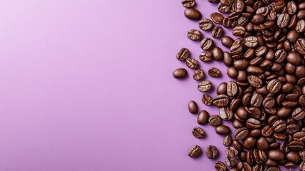 A rich arrangement of roasted coffee beans spills onto a soft purple background, showcasing the contrast and allure of this beloved beverage and its aromatic pleasures.