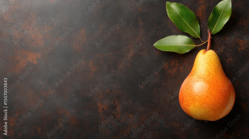 Poster a beautifully styled image of a single ripe pear resting on a dark textured surface, showcasing the 
