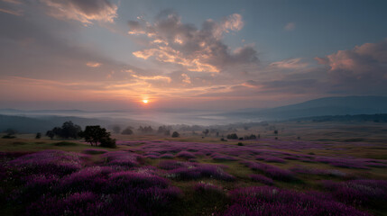 Dawn's Embrace: A breathtaking landscape unfolds, showcasing a vibrant field of flowers bathed in the soft, ethereal light of dawn. Capturing a tranquil and idyllic panorama.