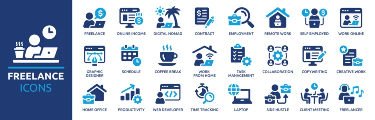 Fototapeten Freelance icon set. Containing work online, remote work, freelancer, laptop, home office, client meeting, self-employed, graphic designer and more. Solid vector icons collection. © Icons-Studio