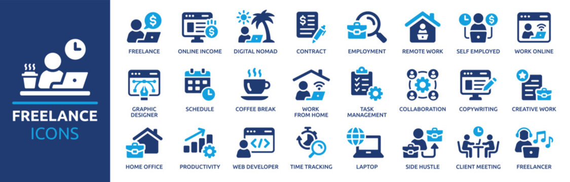Freelance icon set. Containing work online, remote work, freelancer, laptop, home office, client meeting, self-employed, graphic designer and more. Solid vector icons collection.