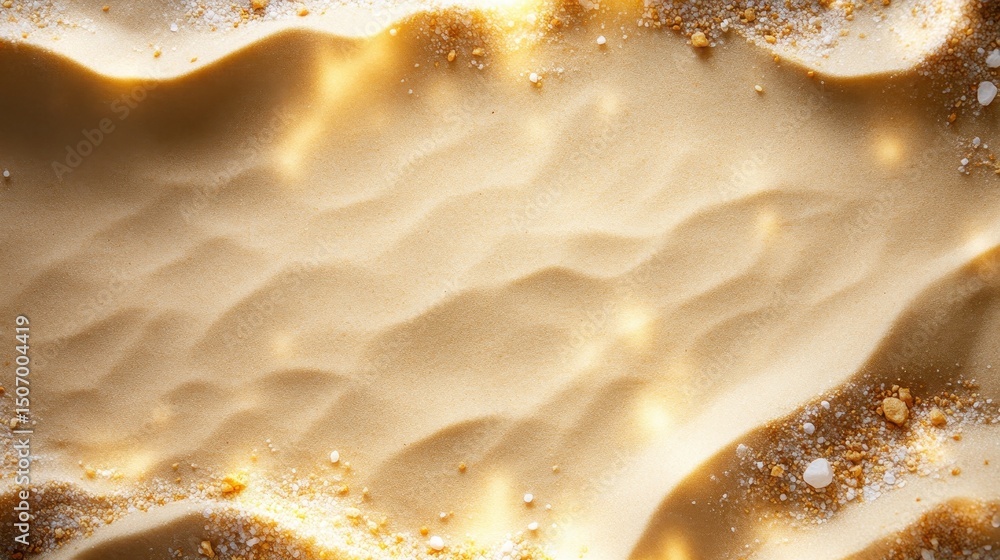 Poster an enchanting view of shimmering golden sand patterns captured by soft light, evoking feelings of tr