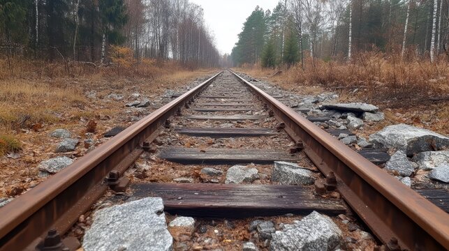 The image shows a perspective of long, empty railway tracks stretching into the distance, surrounded by a tranquil forest with subtle autumn colors and fallen leaves.