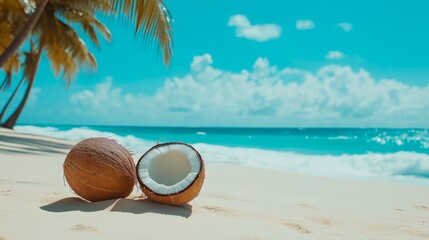 coconuts in tropical beach, vacation and summer concept