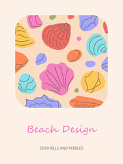 Summer poster or card with shells and pebbles. Bright hand drawn sea design template for branding, label, cover, advertising, backgrounds. 