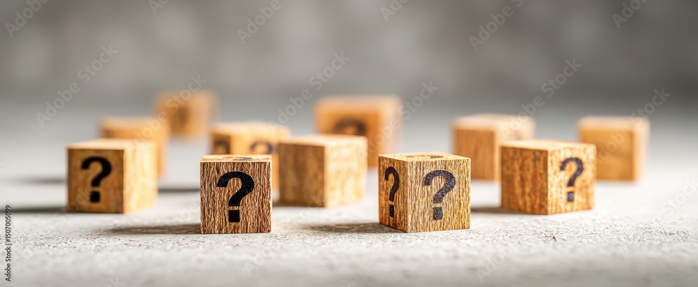 Poster the wooden blocks with question marks representing uncertainty and curiosity in decision-making.