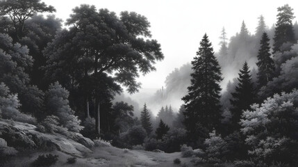 Mystical Forest Serenity: A tranquil forest scene, shrouded in mist and mystery, with towering trees and lush foliage. Capturing the essence of peace and natural beauty.