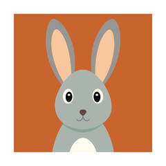 Adorable cartoon illustration of a cute gray bunny rabbit with upright ears and brown background