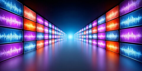 a 3d illustration of a virtual content dashboard with animated video thumbnails text blocks and audio waveforms