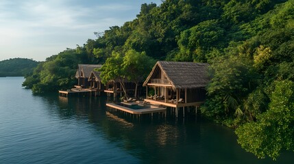 Fototapeta premium Remote island retreat with thatched-roof bungalows over water