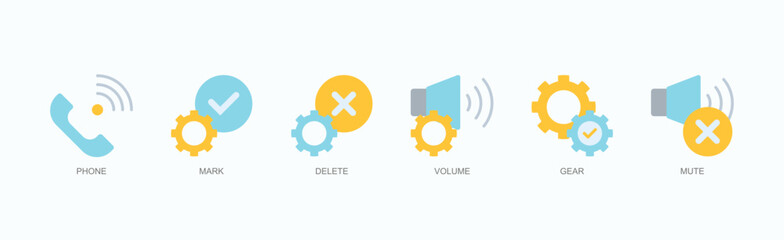 Command Dial Icon Set Isolated Vector Illustration Concept With Icon Of Phone, Mark, Delete, Volume, Gear, Mute In Flat Style