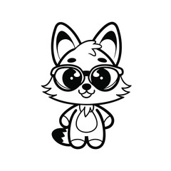Cartoon Fox in Glasses Outline Illustration; Cute Animal Standing Posing Isolated
