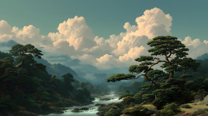 Serene Landscape: A breathtaking vista unfolds, with towering trees in the foreground and a winding river carving its path through a lush valley beneath a sky dotted with fluffy clouds.