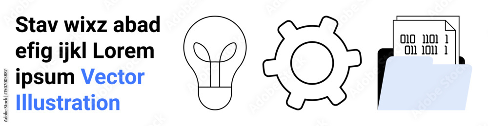 Poster lightbulb for ideas, gear for process, folder with binary code for data management. ideal for innova