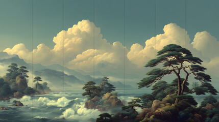 Serene Landscape: A tranquil, artistic depiction of a scenic view, with lush trees, dramatic cloud formations, and a tranquil ocean. The painting evokes serenity and natural beauty.