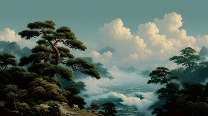 Mist-Shrouded Pines: A serene vista unveils a tapestry of pine trees nestled amidst rolling hills, enveloped by ethereal mist and billowing cloud.
