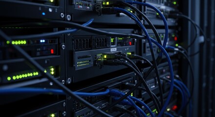 Data Center Server Rack with Cables and Lights