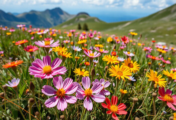 Obraz premium Colorful alpine meadow with variety of wildflowers under mountain sky