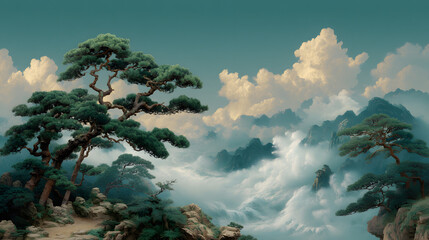 Serene Mountain Vista: Majestic trees stand silhouetted against a backdrop of rolling fog and towering mountain peaks, evoking a sense of tranquility and the enduring beauty of the natural world.