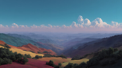 Rolling hills view: A breathtaking vista unveils a tapestry of rolling hills, painted with vibrant hues under a radiant azure sky, inviting viewers to immerse themselves in its tranquil beauty.