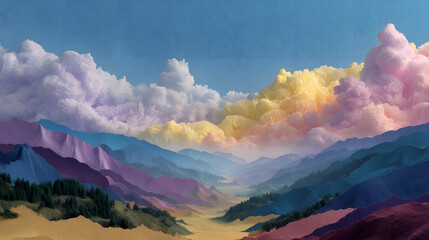 Colorful Dreamscape: A vibrant, captivating landscape painted with vivid hues of nature, mountains, clouds, conveying a sense of serenity and wonder. 