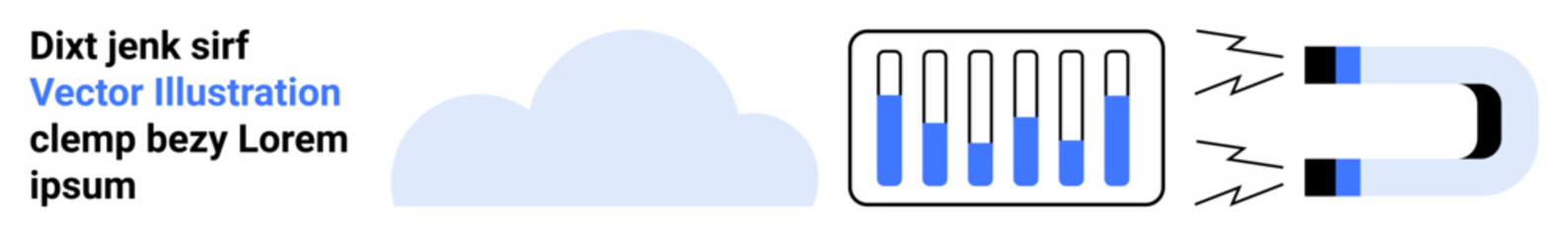 Cloud graphic next to data bars being transferred towards a magnet, symbolizing data attraction, retrieval, or organization. Ideal for cloud computing, storage systems, data management, technology
