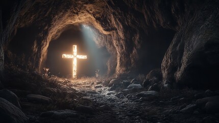 Naklejka premium The Empty Tomb Cross Easter Scene Resurrection Christianity Religion Faith Belief Hope Divine Light