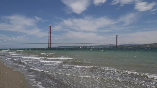 1915 Canakkale Bridge in Canakkale, Turkey. World's longest suspension bridge opened in Turkey. Turkish: 1915 Canakkale Koprusu. Bridge connect the Lapseki to the Gelibolu.

