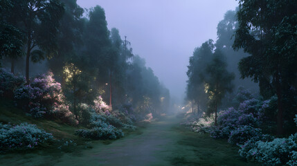 Mystical Forest Path: A tranquil path leads into a serene forest, enveloped in a mysterious fog, creating an atmosphere of enchantment and quietude.
