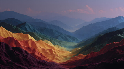 Rainbow Mountains: A stunning aerial shot captures the mesmerizing Rainbow Mountains, their layered hues and dramatic peaks painted by nature's artistry, bathed in the soft glow of dawn.