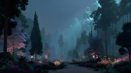 Enchanted Forest Path: A mystical path winds through an enchanted forest, where bioluminescent flora illuminates the way under a twilight sky.