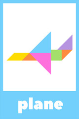 Colorful geometric design representing a plane, showcasing modern artistic elements. Tangram puzzle for children. Educational card for kids on a white background.