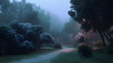 Mystical Morning Ambiance: An enchanting, misty landscape invites exploration, with a serene pathway winding through lush trees and foliage, evoking a sense of peace and mystery.