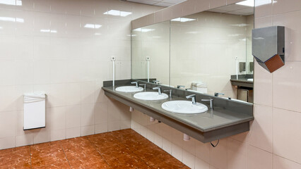Spotless minimalist restroom sanctuary with gleaming sinks, echoing modern Zen reflections; celebrates World Plumbing Day and Hygge Design Week
