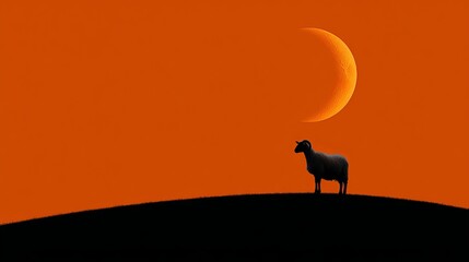 Silhouette Ram Sheep Peaceful Sunset Orange Sky Crescent Moon Hilltop Farm Animal Nature Landscape Rural Scene Dramatic Lighting Evening Twilight Serene Scenery Calm Atmosphere    
