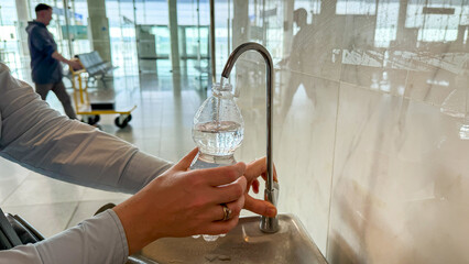 Filling water bottle at airport hydration station, eco-friendly travel ritual, sustainable living,...