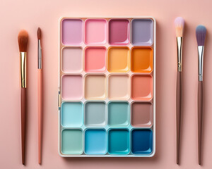 Makeup palette and brushes with colourful cosmetics set on display
