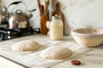 Freshly prepared sourdough bread dough rests on parchment near a container of active starter and a mixing bowl, showcasing the art of home baking.