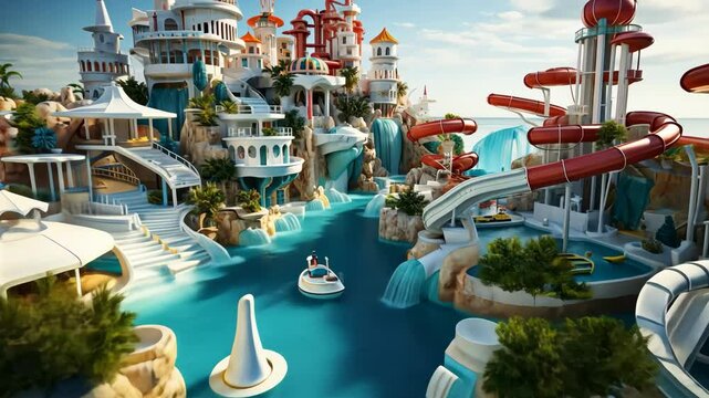 empty water park with colorful slides and pools under bright daylight, seasonal vacation and tourism concept of travel industry, resort marketing, water entertainment services