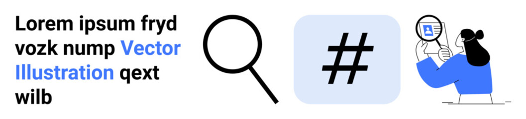 Magnifying glass, blue metadata tag in square, text snippet, person in blue holding magnifying glass. Ideal for search, analytics, research, social media, investigation branding simple landing page