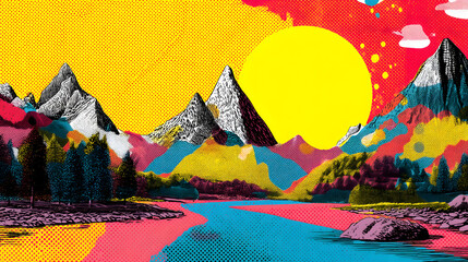 Vibrant Mountain Landscape: An artistic mountain landscape showcasing a vivid, eye-catching design, complete with colorful peaks, tranquil river, and a stylized sun.