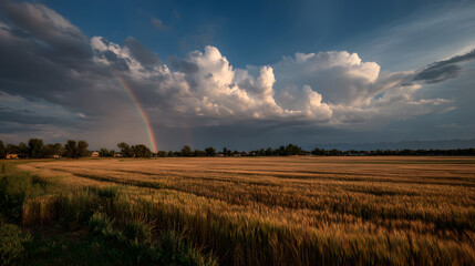 Rainbow's Embrace: A breathtaking rainbow arches gracefully over a tranquil field of golden wheat under a dramatic sky filled with clouds, painted with the stunning colors of a beautiful landscape.