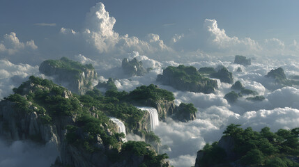 Dreamlike Mountainscape: A breathtaking view of majestic mountains emerging from a sea of clouds, with waterfalls cascading down the lush green slopes, showcasing the beauty and tranquility of nature.