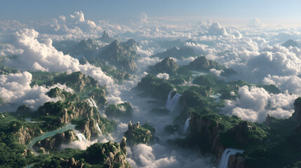 Heavenly Heights: An aerial panorama unveils a breathtaking landscape where majestic mountain ranges meet an ethereal sea of clouds, conveying a sense of awe-inspiring beauty.